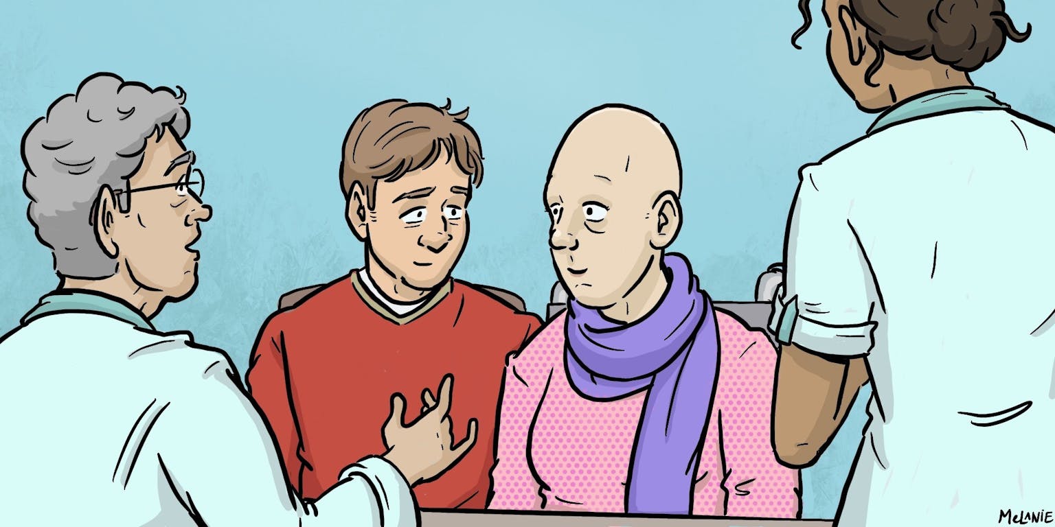 Een cartoon van twee personen. Een persoon is kaal. De personen zijn in gesprek met een arts.