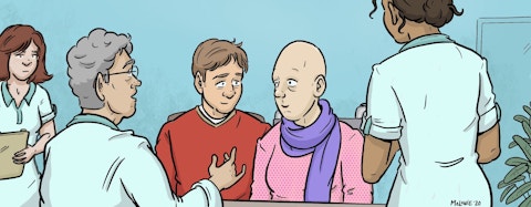 Een cartoon van twee personen. Een persoon is kaal. De personen zijn in gesprek met een arts.