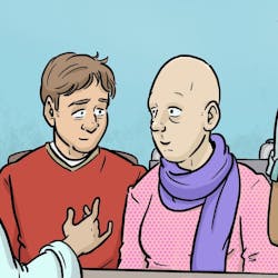 Een cartoon van twee personen. Een persoon is kaal. De personen zijn in gesprek met een arts.