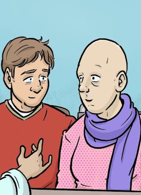 Een cartoon van twee personen. Een persoon is kaal. De personen zijn in gesprek met een arts.