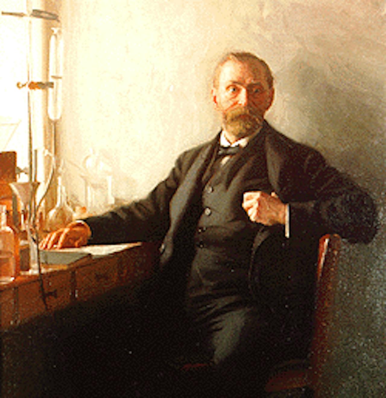 Een schilderij van Alfred Lab zittend in een stoel aan een bureau.