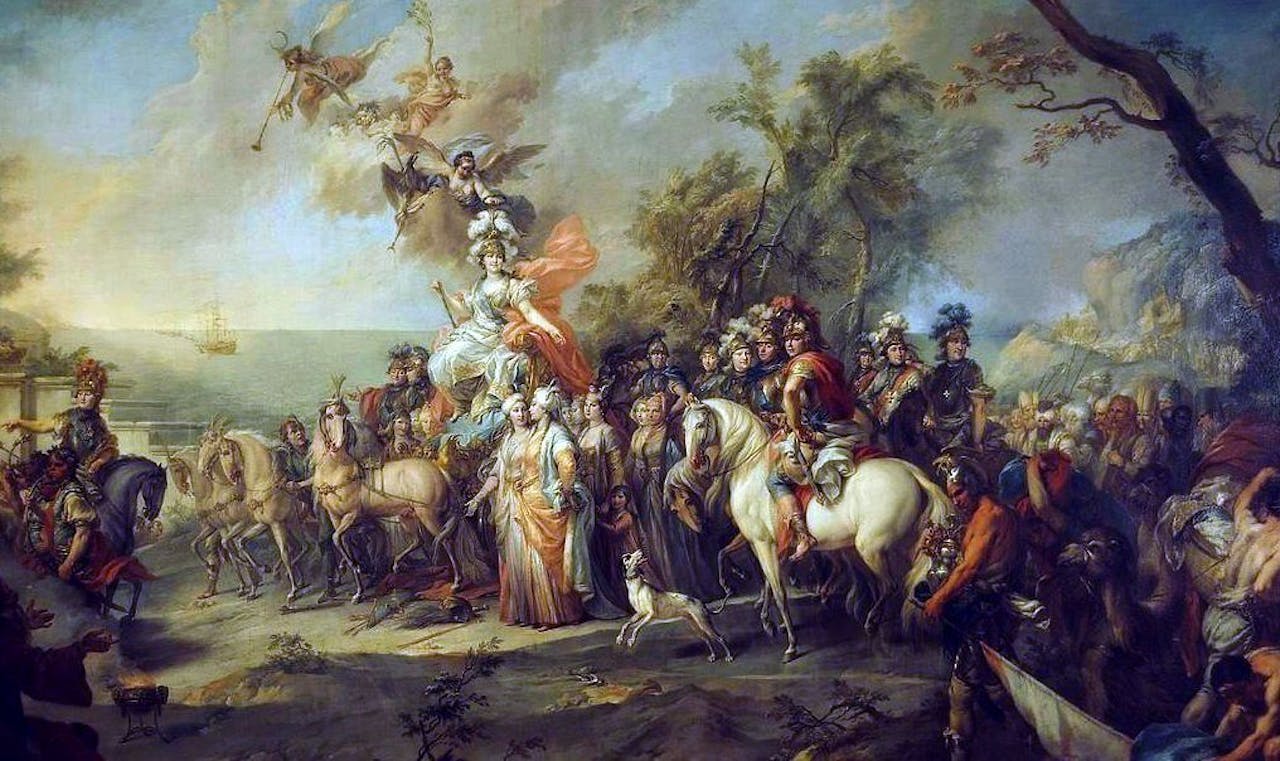 Een schilderij van Allegorie van Catharina, de Greats Overwinning op de Turken en Tataren.