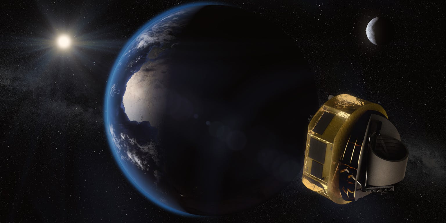 Een foto van de aarde met links de zon, rechts de maan en onderin een klein deel van een ruimtevaartuig.