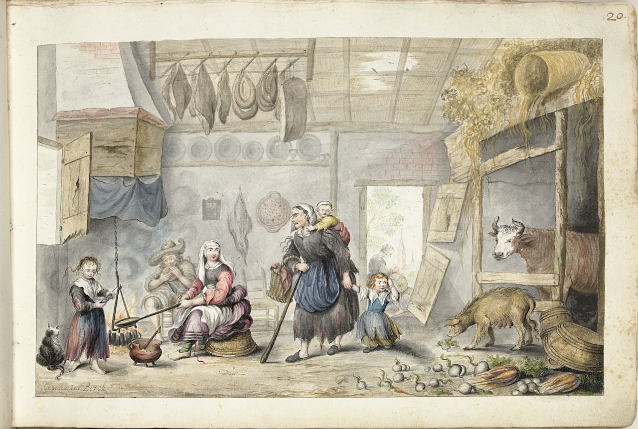 Een schilderij van een vrouw en kinderen in een keuken.