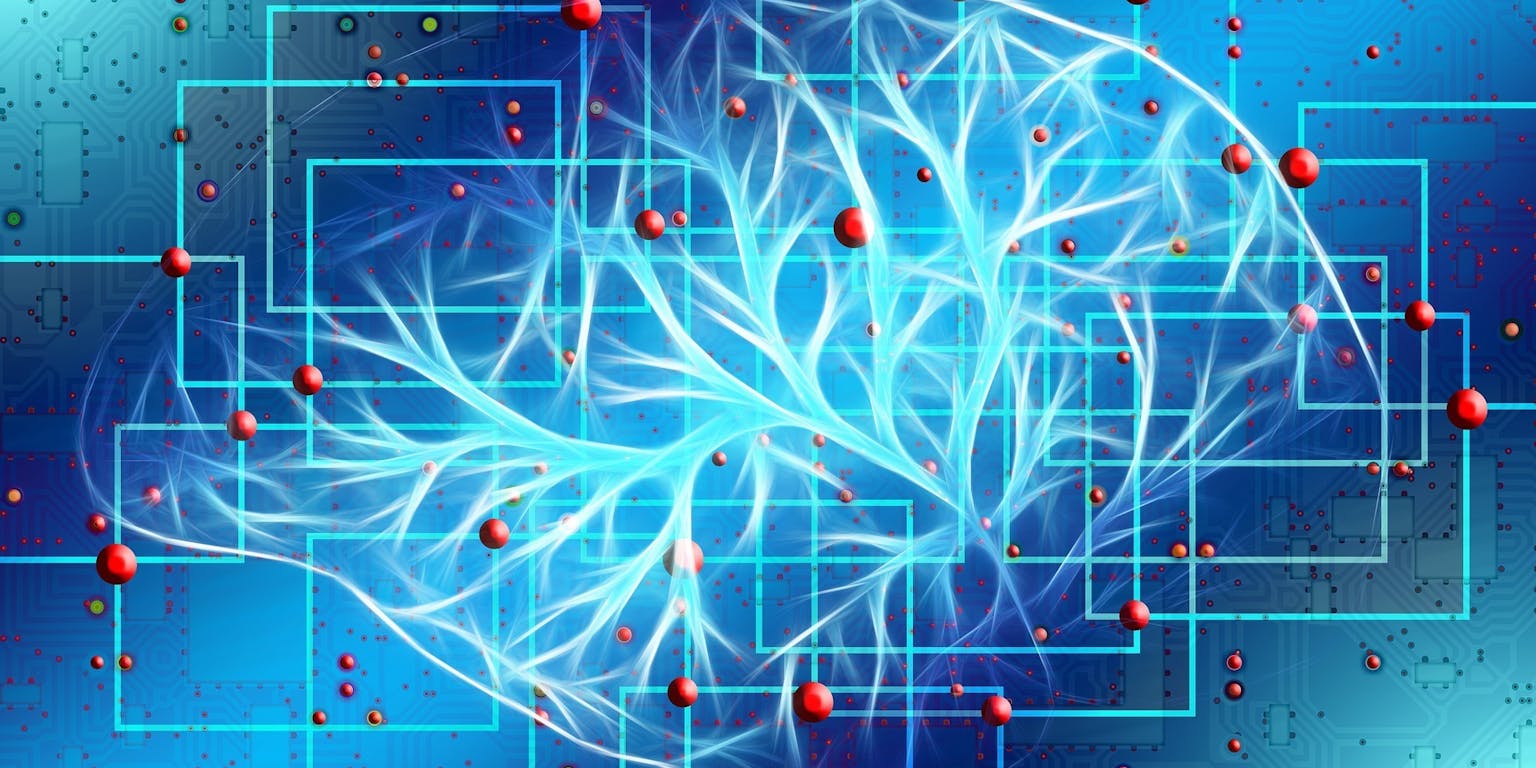 Een afbeelding van hersenen op een blauwe achtergrond.