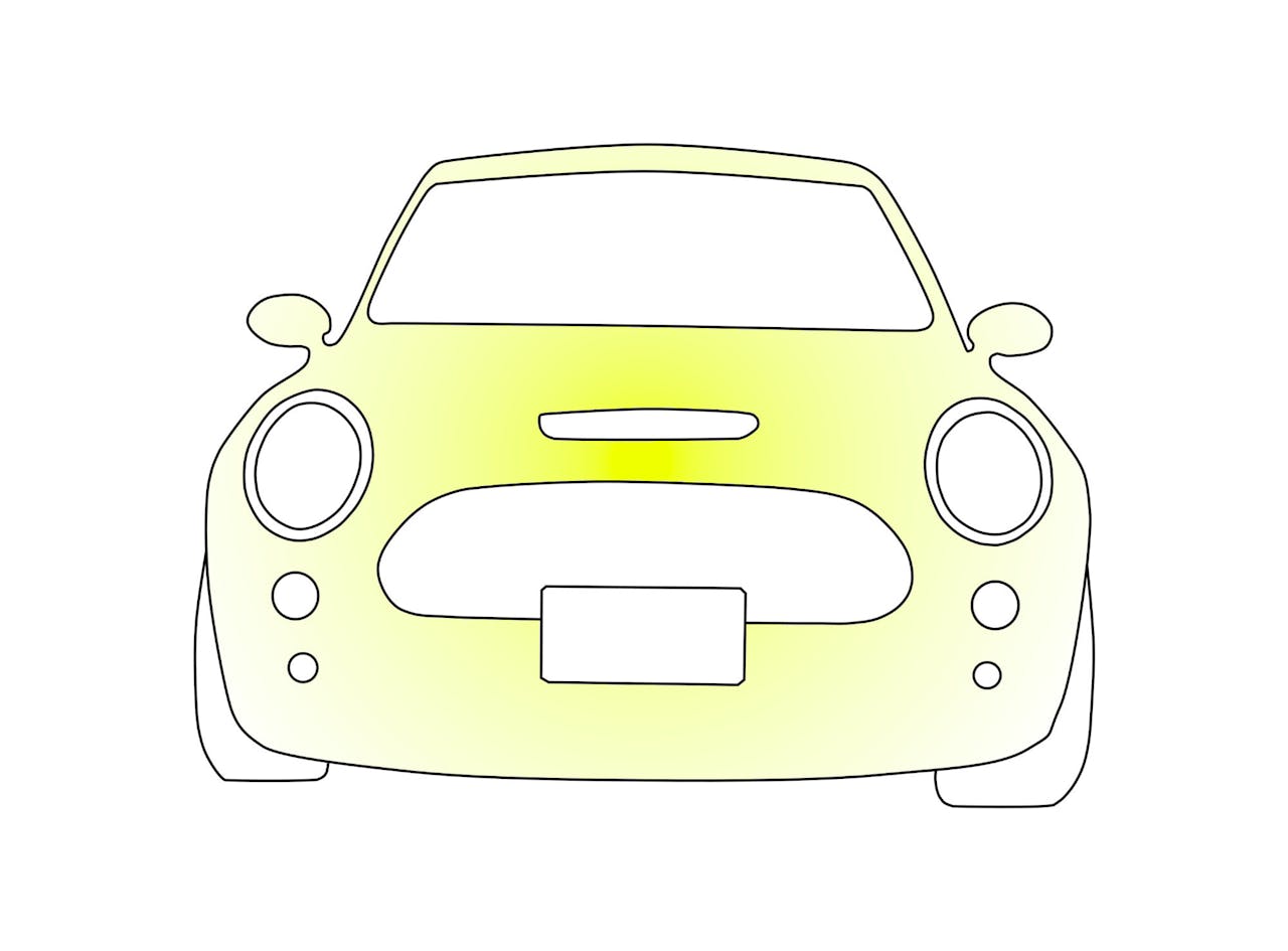 Een tekening van een gele auto op een witte achtergrond.