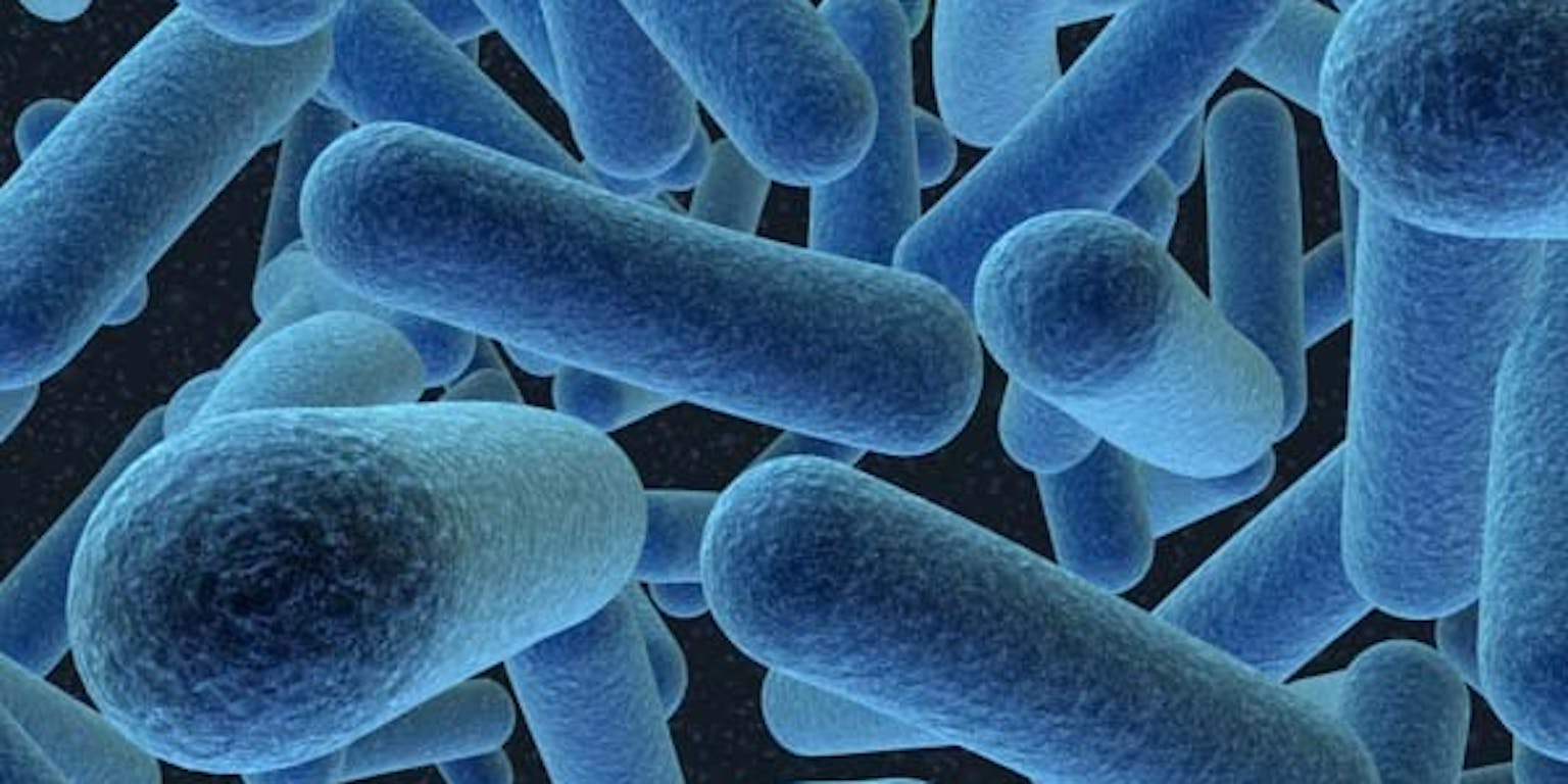Een groep blauwe bacteriën op een zwarte achtergrond.