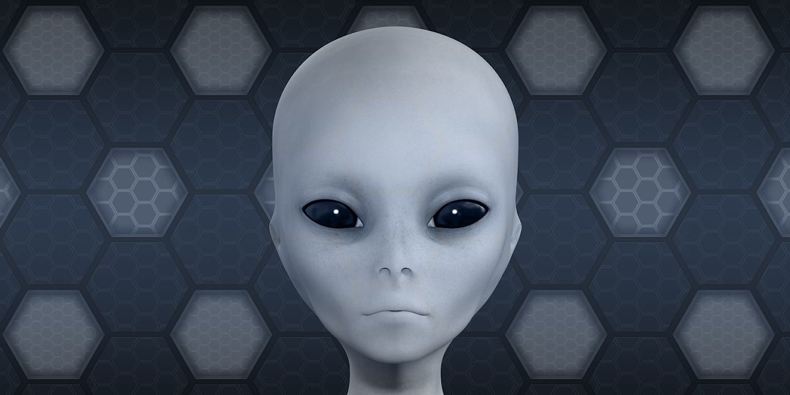 Op een achtergrond met zeshoeken wordt een buitenaards gezicht weergegeven