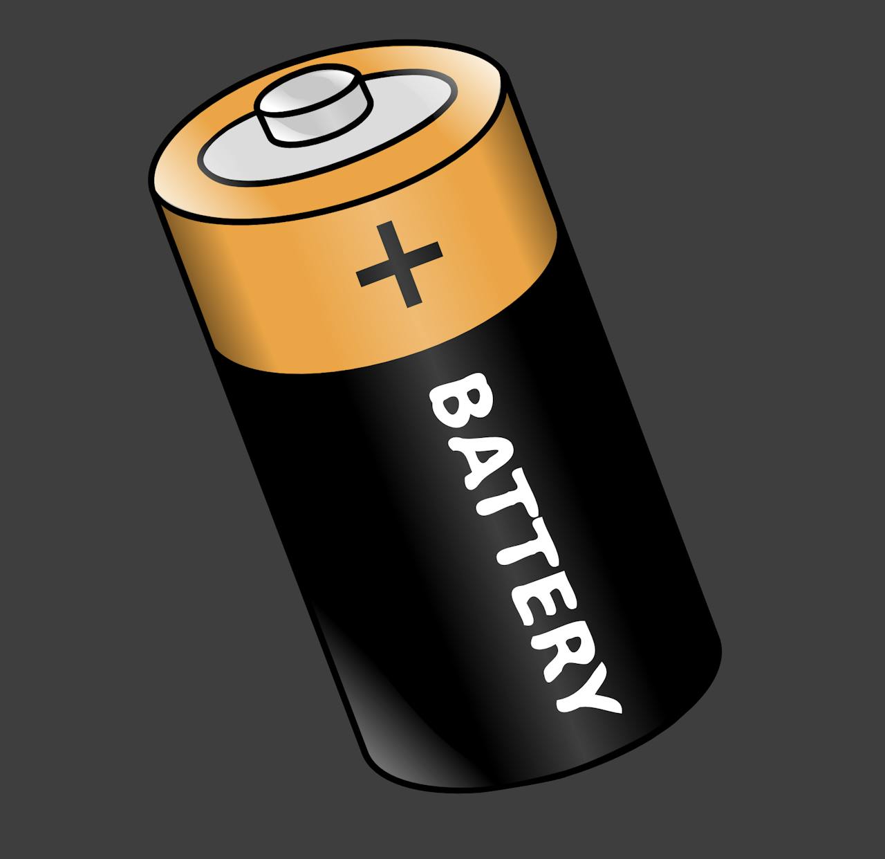 Een illustratie van een batterij, weergegeven op een donkere achtergrond.