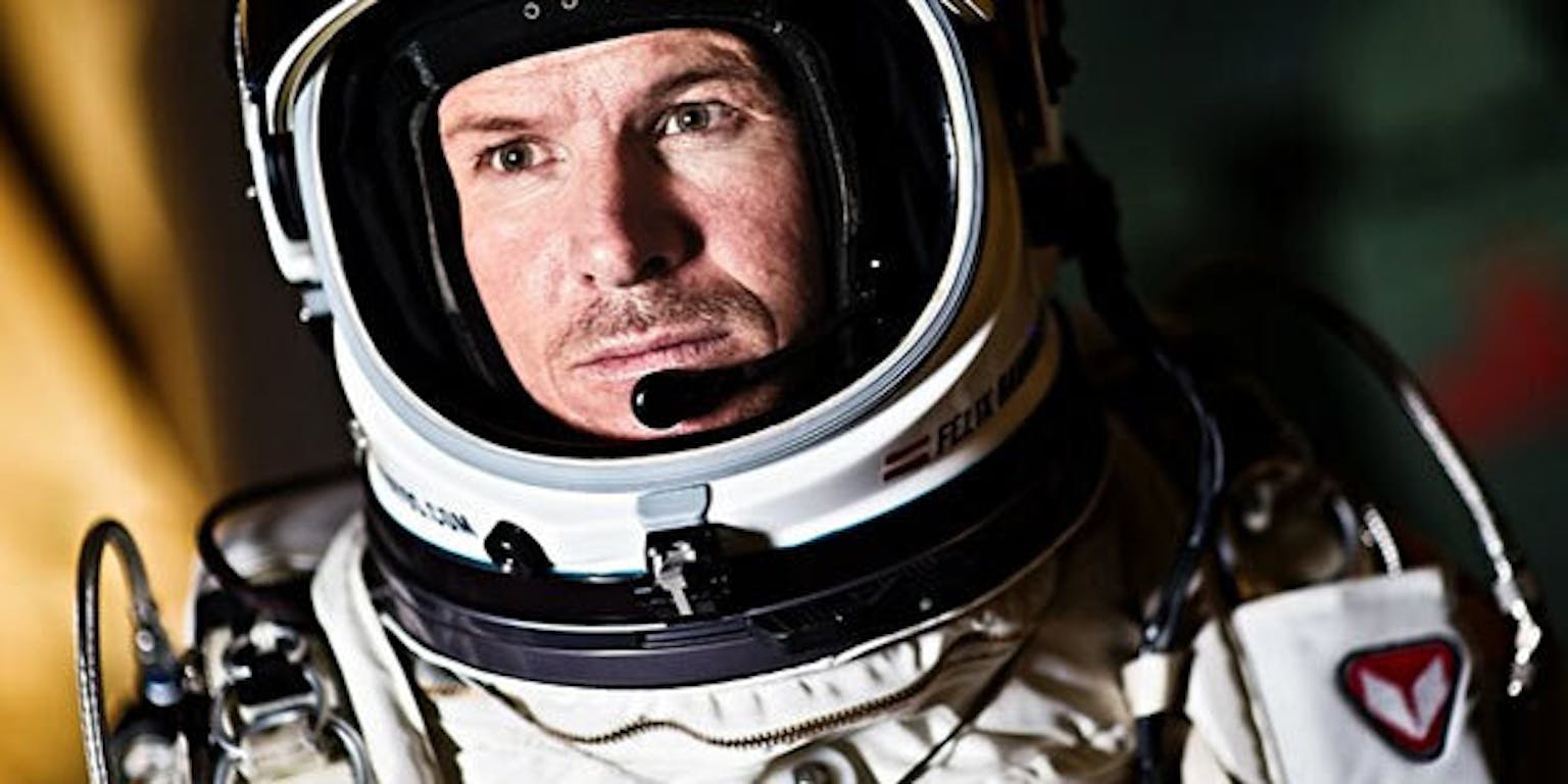 Een foto van Felix Baumgartner in zijn ‘state-of-the-art’ ruimtepak.