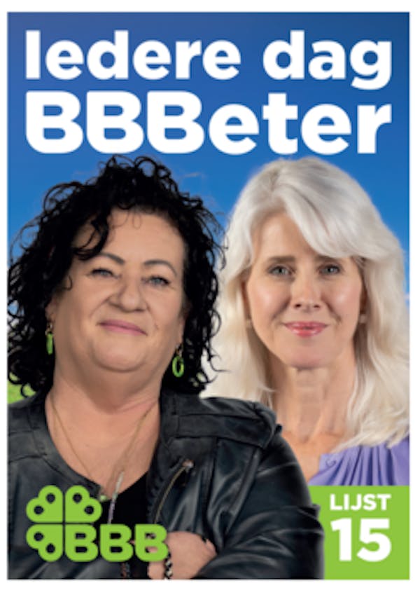 Verkiezingsposter van de BBB met daarop Caroline van de Plas en Mona Keizer en de slogan Iedere dag BBBeter.