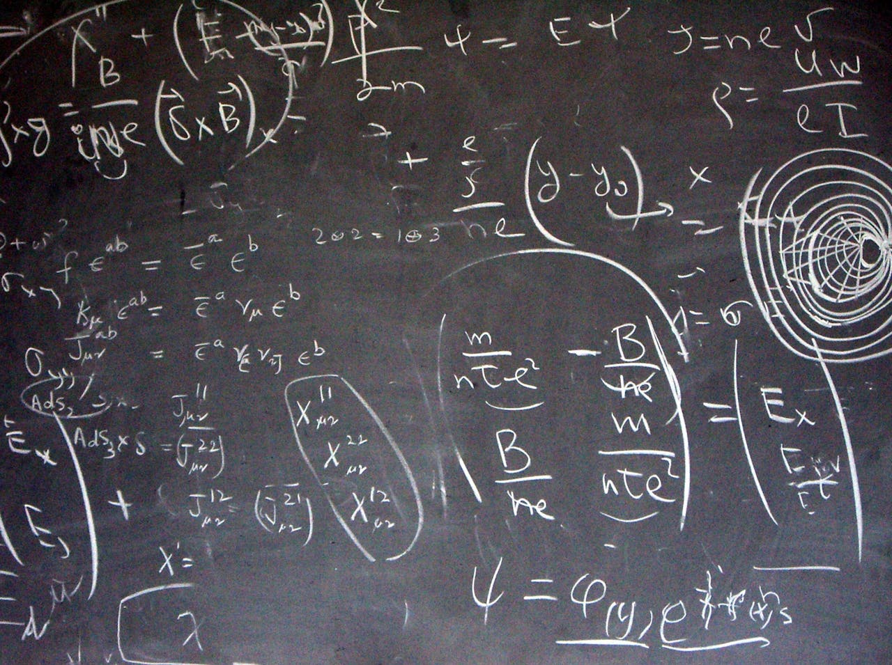 Een schoolbord met veel formules erop geschreven.