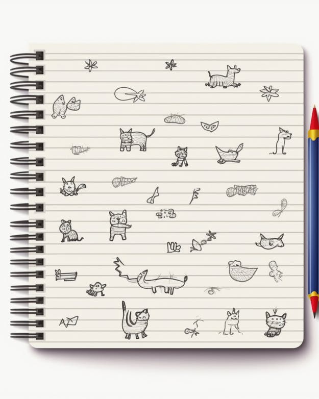 Notitieblok met spiraal waarop allemaal kleine tekeningetjes van met name katten zijn gemaakt. Ernaast ligt een pen. Notitieblok met spiraal waarop allemaal kleine tekeningetjes van met name katten zijn gemaakt. Ernaast ligt een pen.