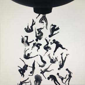 Een zwart-wit tekening van een groep mensen in de lucht.