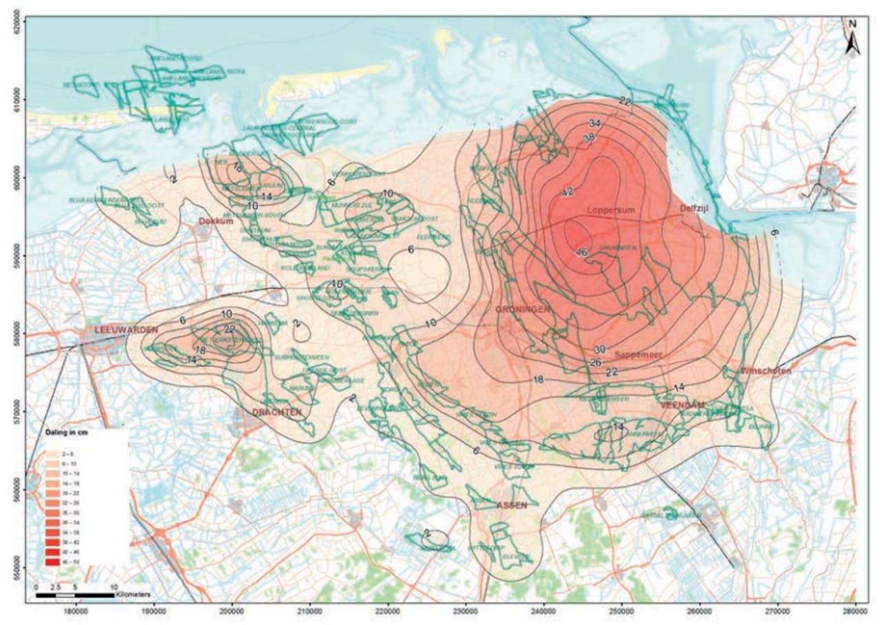 Verwachte eindtoestand van de bodemdaling, in 2080, vooral door de gaswinning in Slochteren. Diep rood betekent 60 centimeter daling.