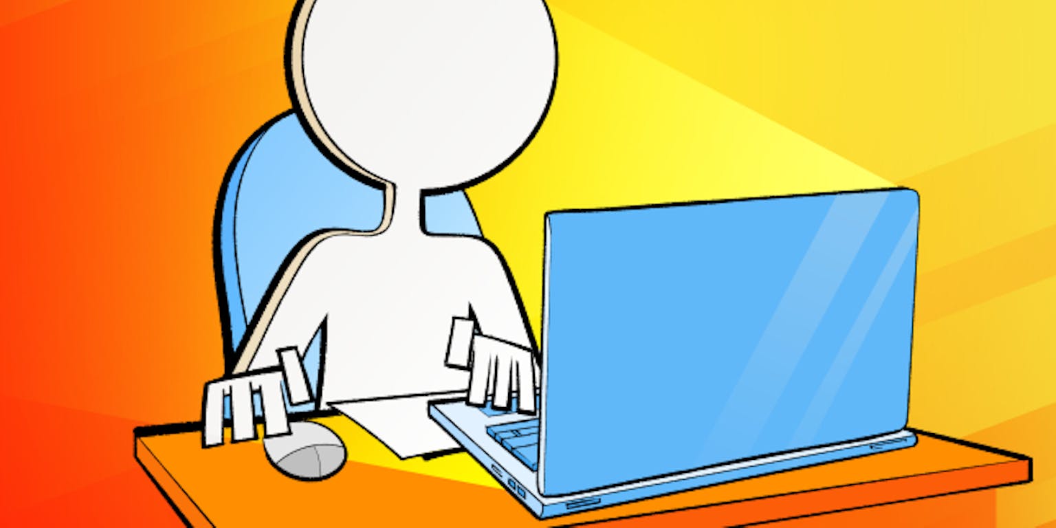 Een illustratie van een persoon die aan een bureau zit met een laptop.