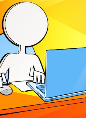 Een illustratie van een persoon die aan een bureau zit met een laptop.