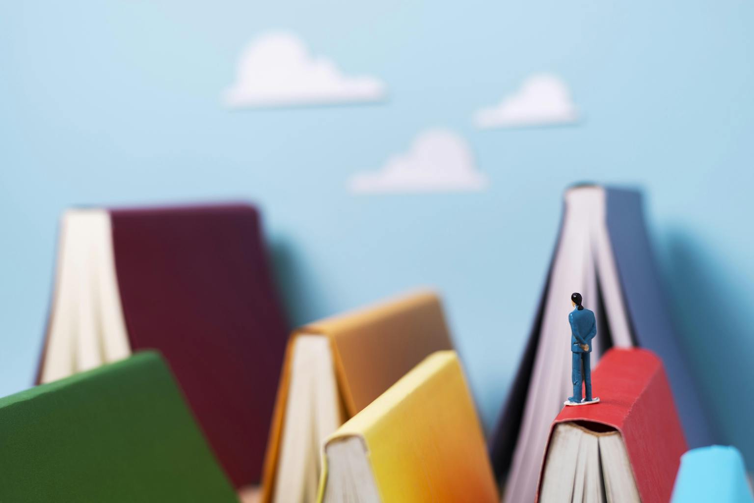berglandschap van gekleurde boeken met op de top een mannelijk poppetje