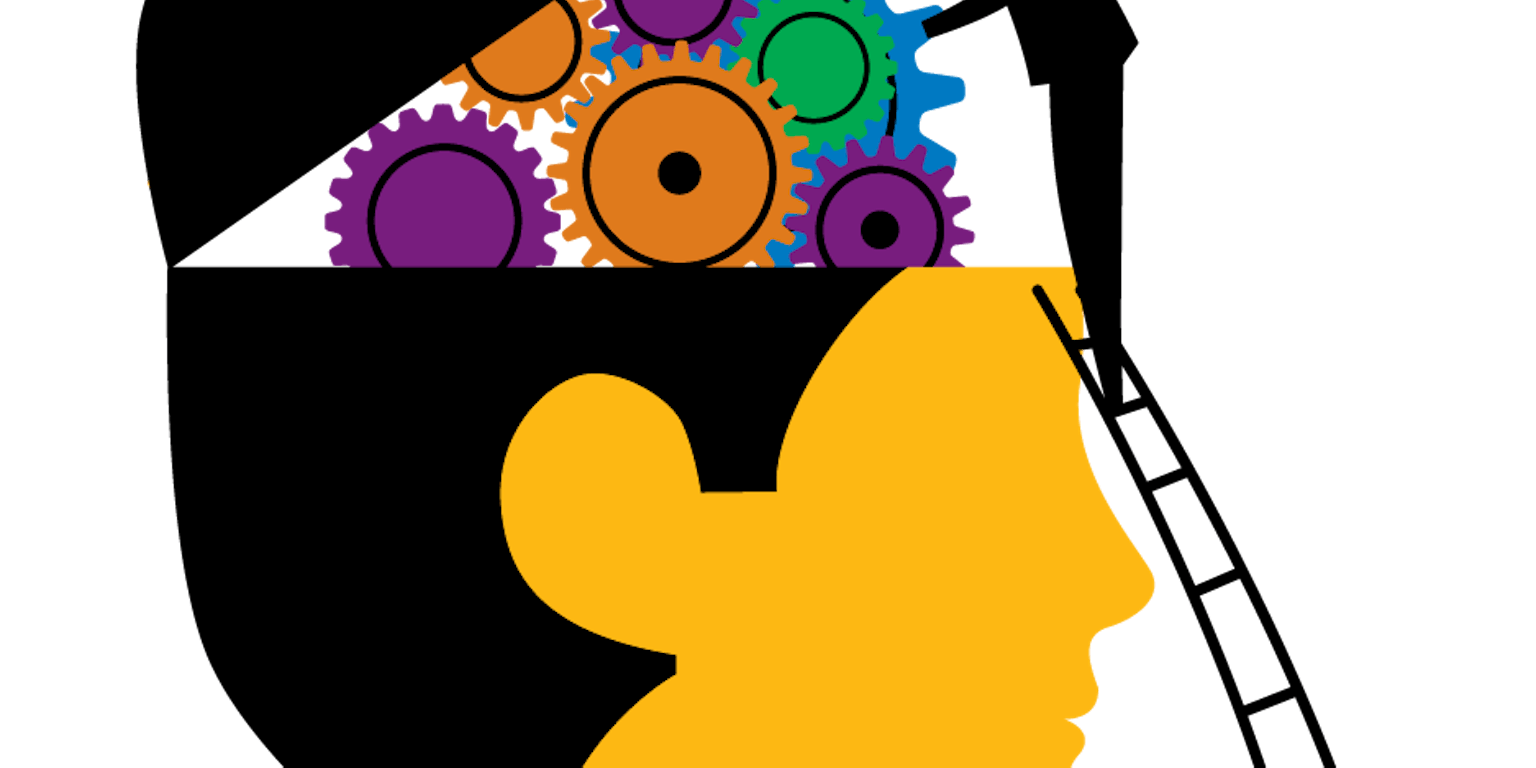 Een illustratie van een brein. Een silhouet van een persoon op een ladder kijkt in het brein. In het brein zitten tandwielen.
