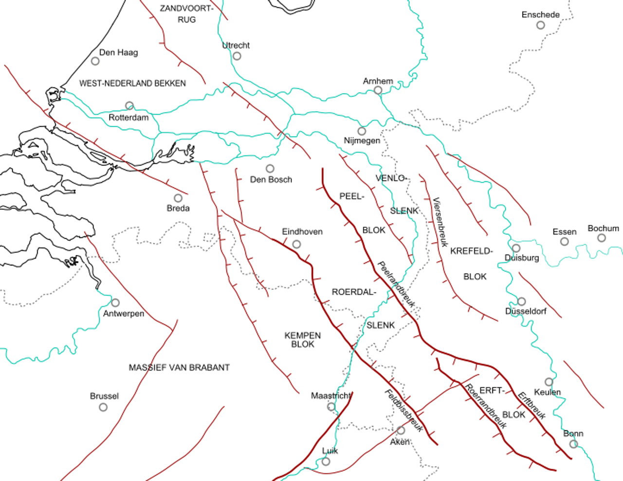 Een kaart van Zuid-Holland, Brabant en Limburg met riveren en plaatbreuken erop