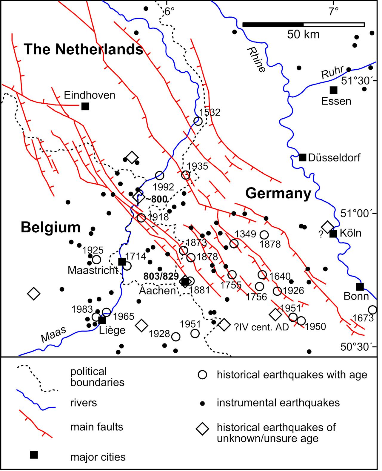 Een kaart met de locaties van aardbevingen in Nederland, België en Duitsland.