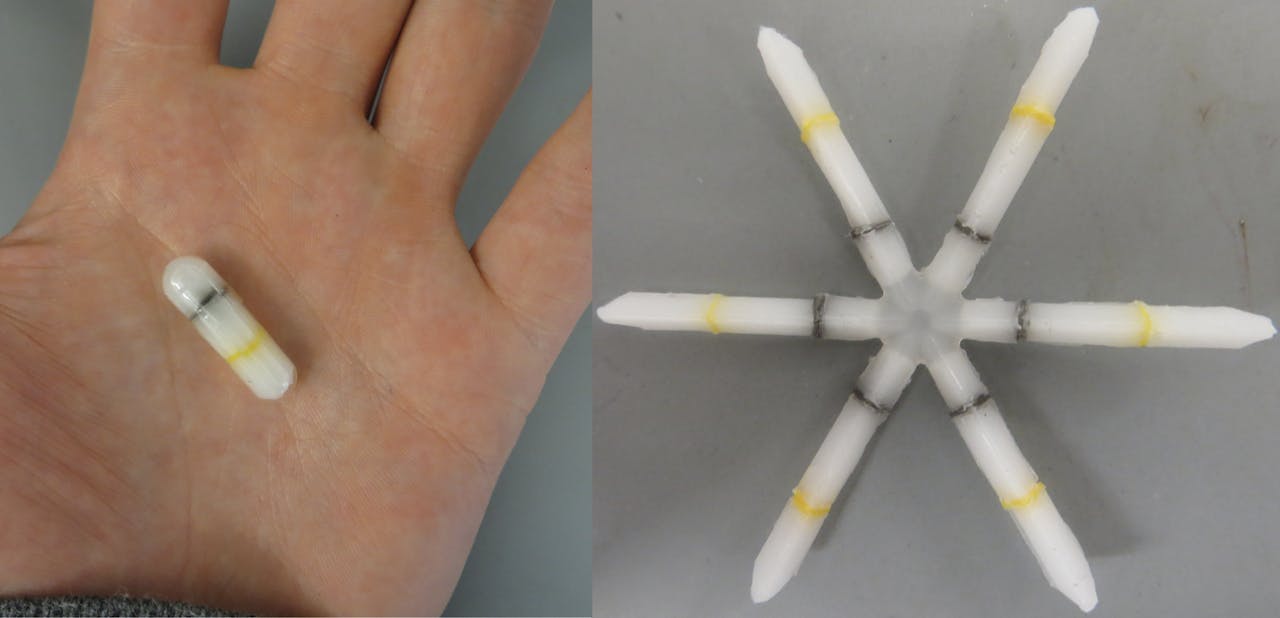 De nieuw ontworpen capsule. Zowel in opgevouwen (links) als ontvouwen vorm (rechts).