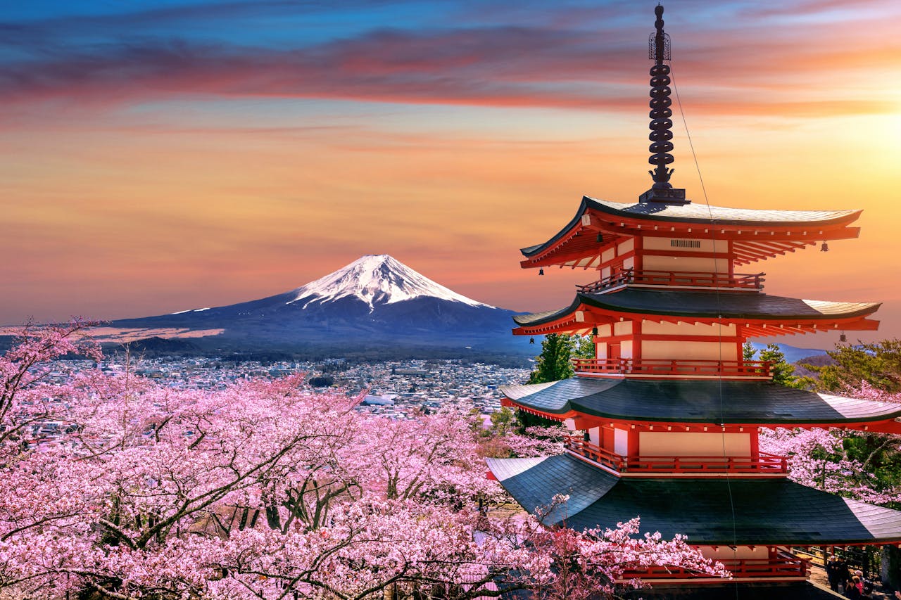 Bloesembomen met een pagode bij mount Fuji in Japan