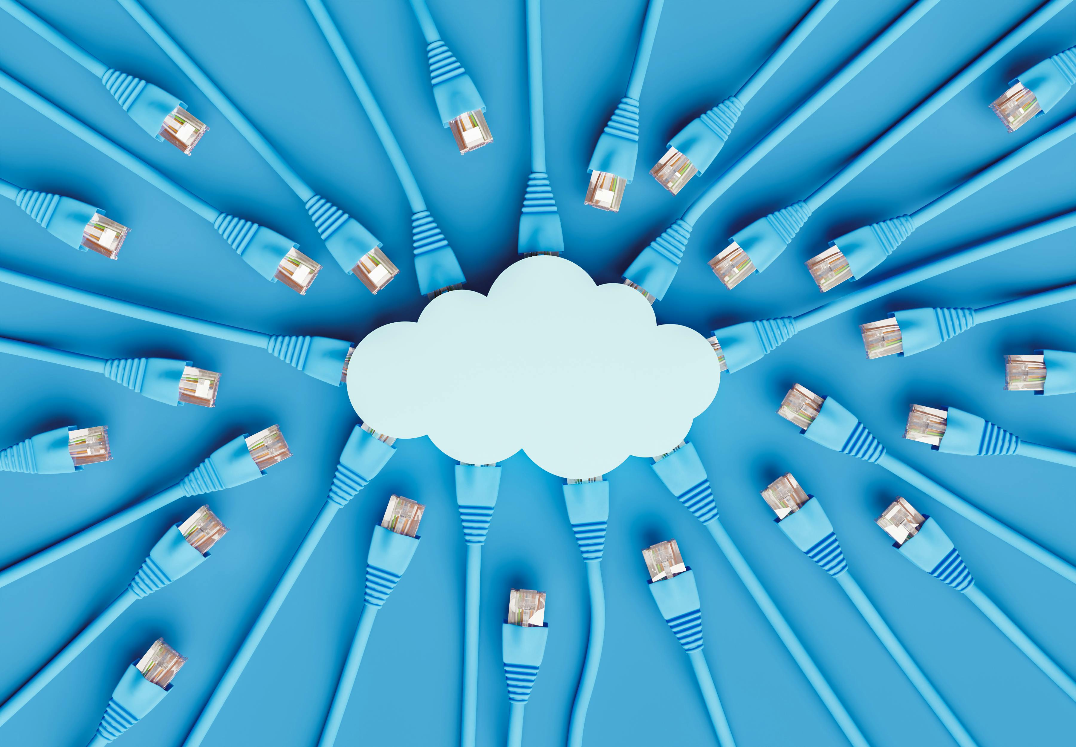 Een blauwe achtergrond met daarop een witte wolk. Naar de wolk toe lopen vanuit verschillende richtingen veel blauwe computerkabeltjes.