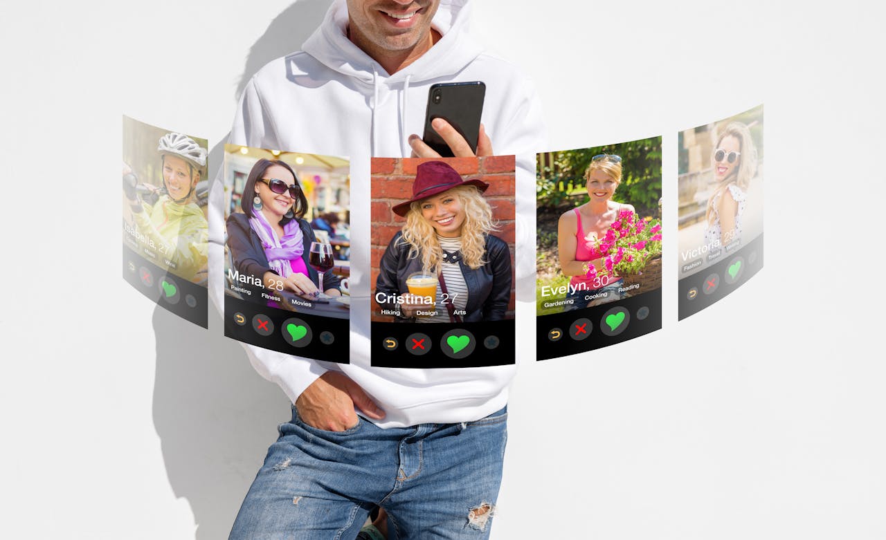 Een man in witte hoody bekijkt op zijn smartphone een datingapp. Voor hem zweven vijf profielfoto's van dames.