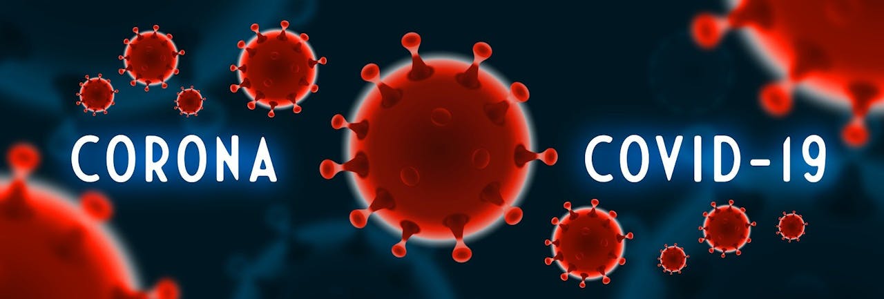 Coronavirus en het woord corona op een donkere achtergrond.