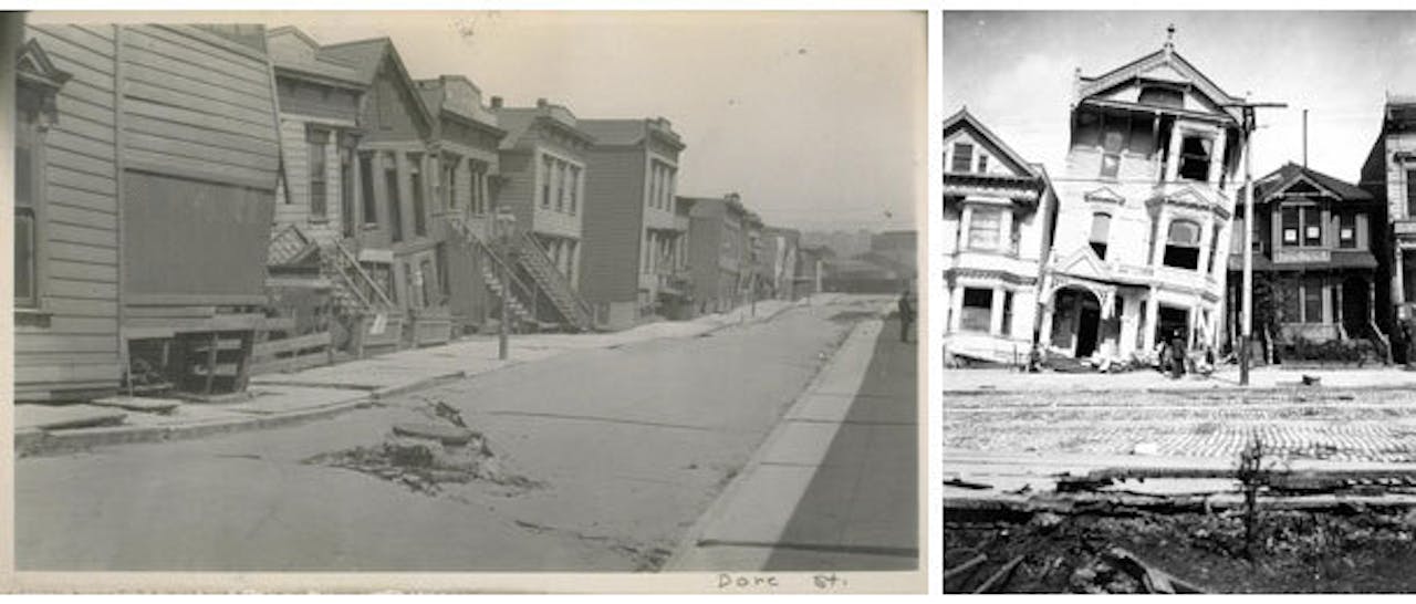 Oude foto's van beschadigde huizen in San Francisco.