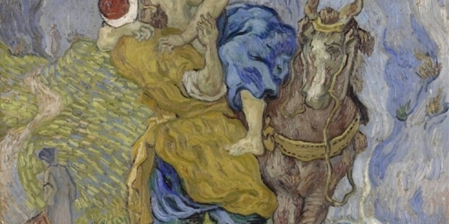 Een schilderij van Vincent van Gogh. De barmhartige samaritaan.