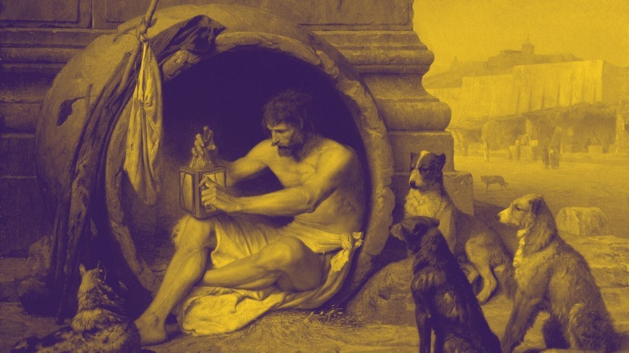 Filosoof Diogenes leeft in een ton, gekleed in een laken, met honden om zich heen