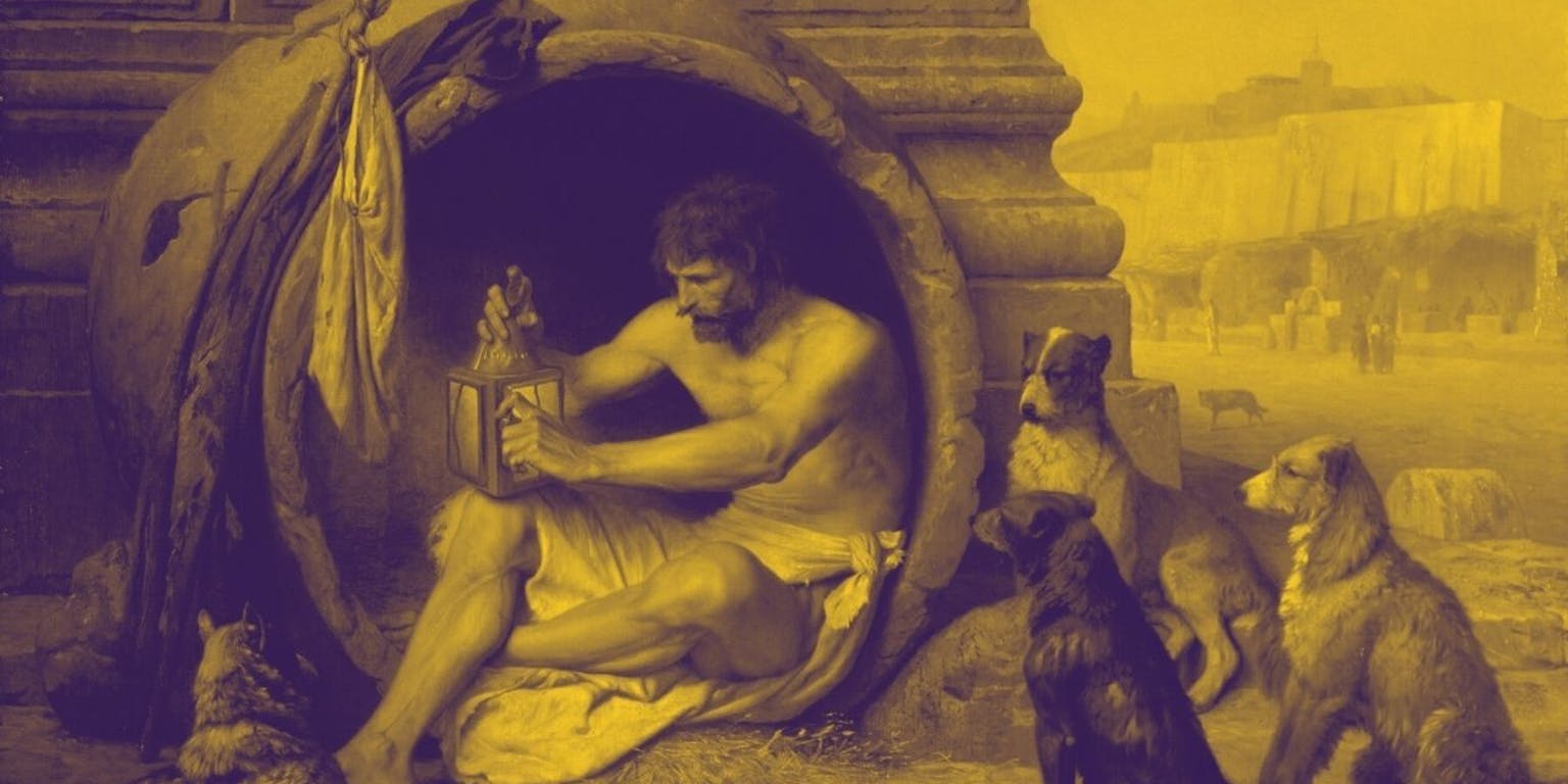 Filosoof Diogenes leeft in een ton, gekleed in een laken, met honden om zich heen
