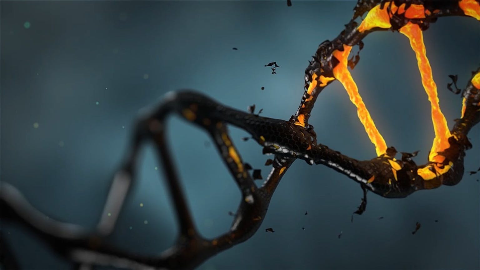 Een gloeiend en deels verbrand DNA-streng.