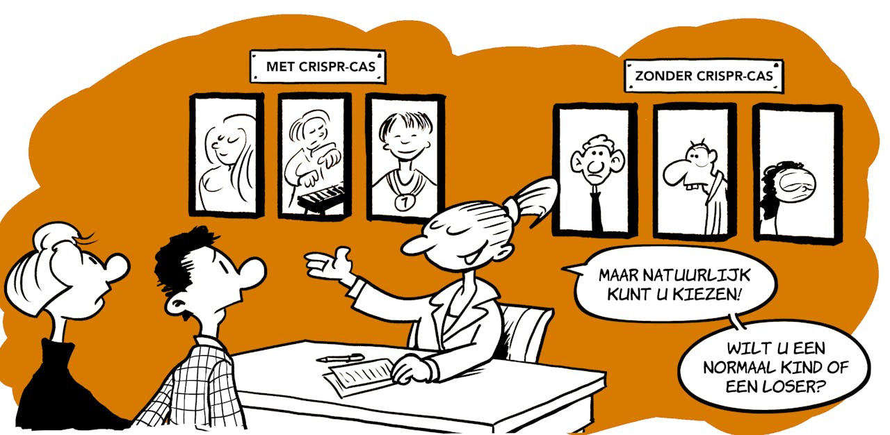 Cartoon over keuze tussen kind zonder en met CRISPR-Cas