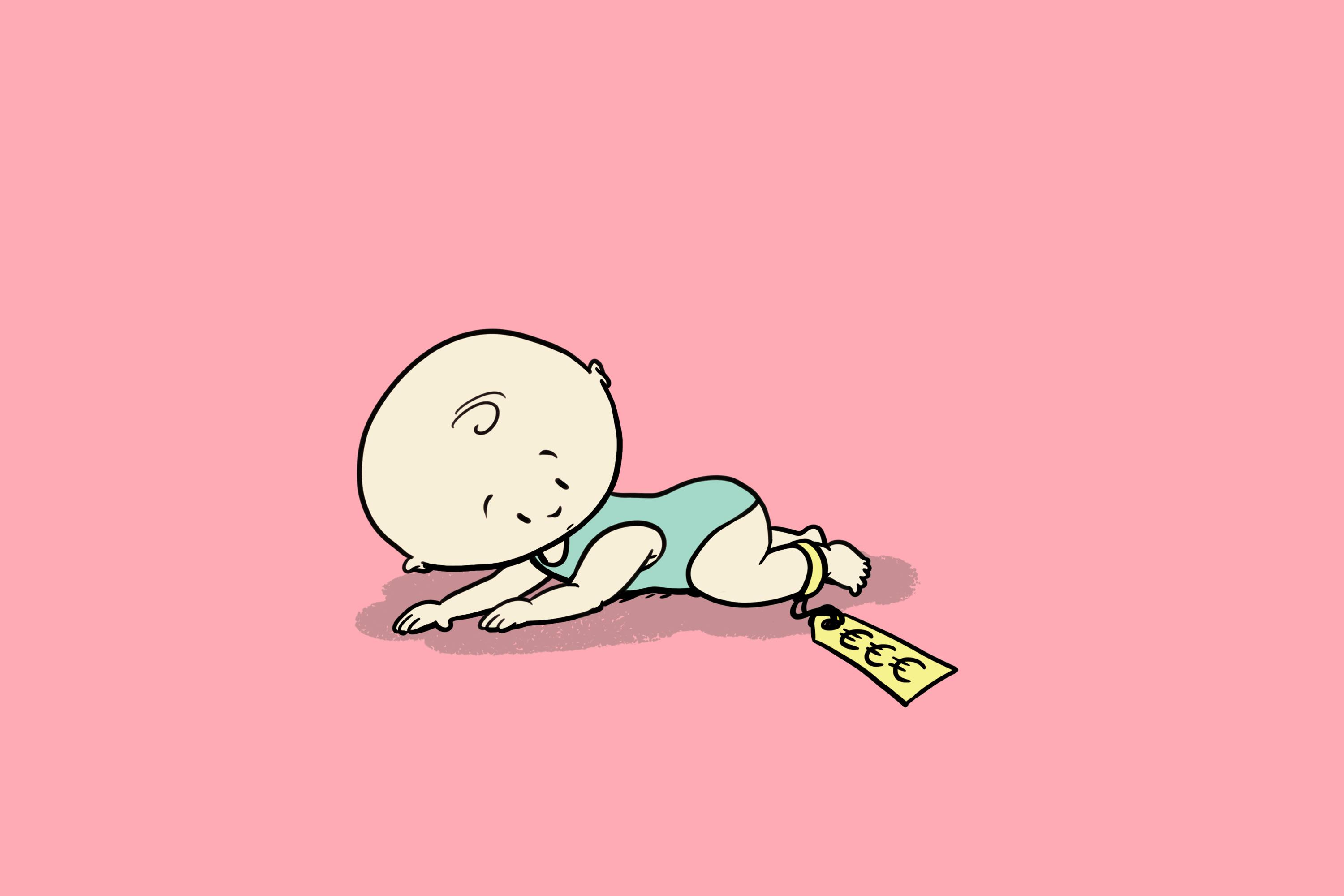 Baby met prijskaartje aan voet