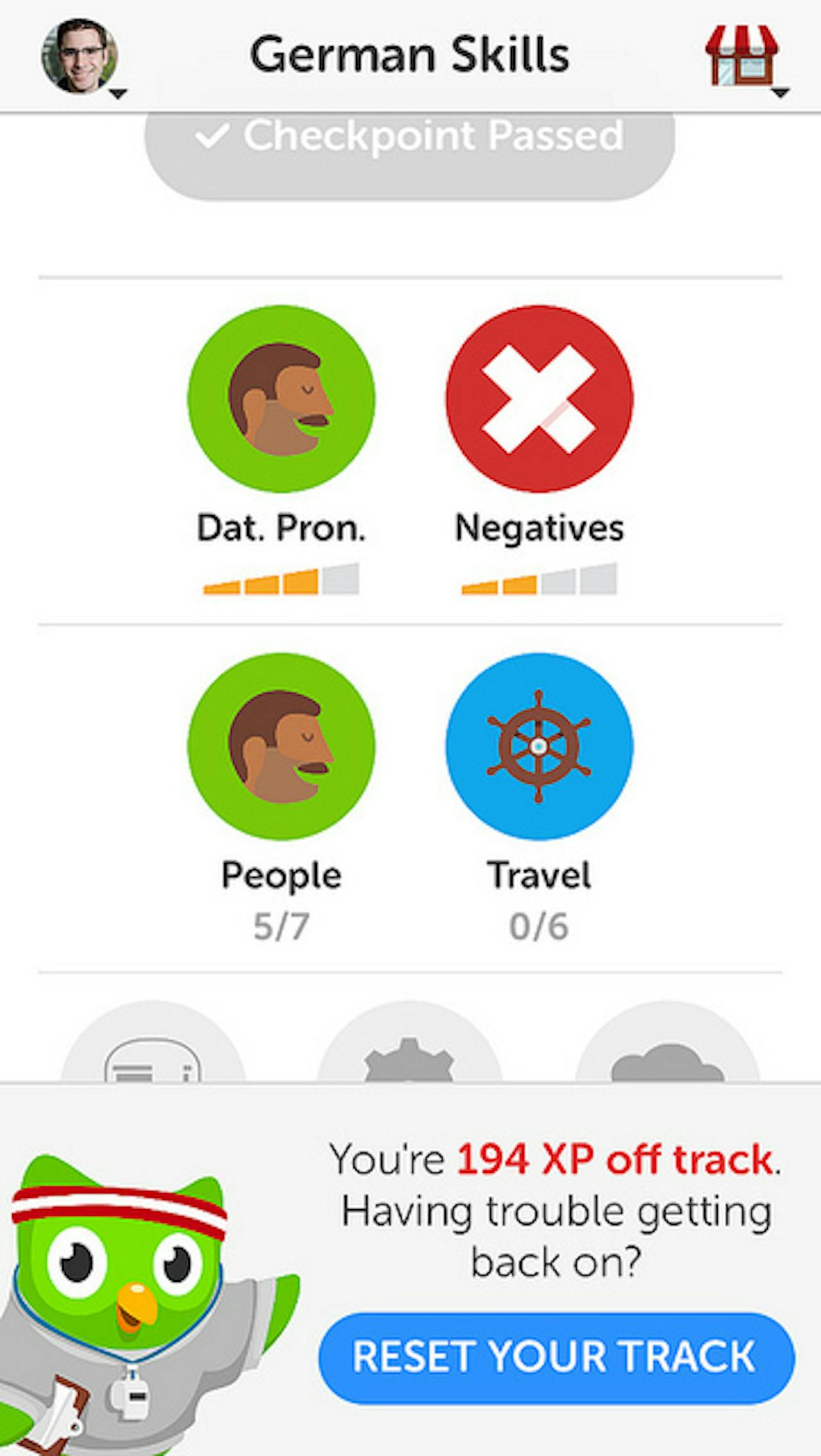 Een screenshot van de Duolingo app. De Duitse taalvaardigheid wordt getest.