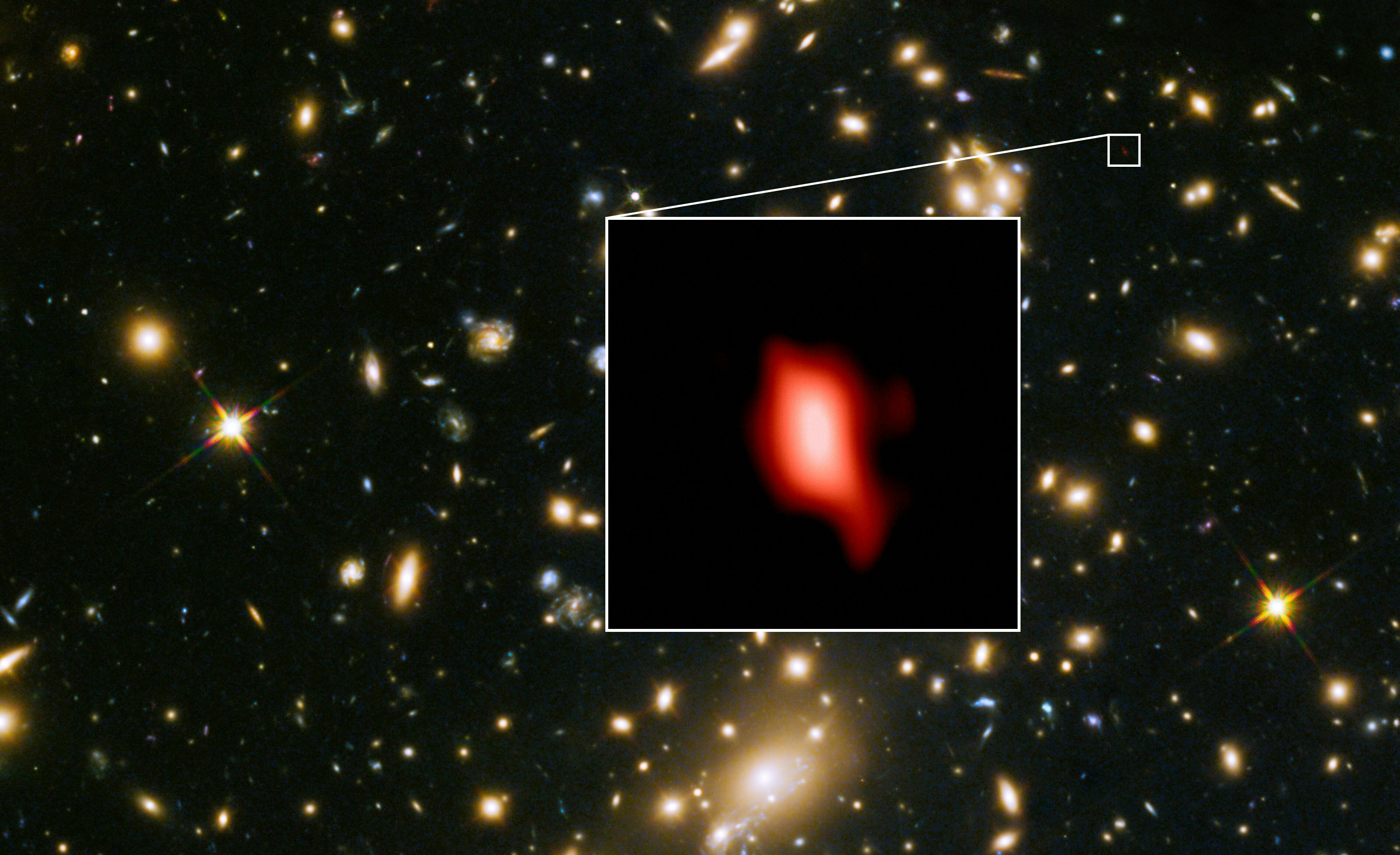 Foto van ruimtetelescoop Hubble van het cluster van sterrenstelsels MACS J1149.5+2223. In het kader staat sterrenstelsel MACS1149-JD1, die is gemaakt door radiotelescoop ALMA.