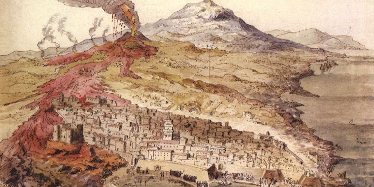 Een tekening van de uitbarsting van de Vesuvius.