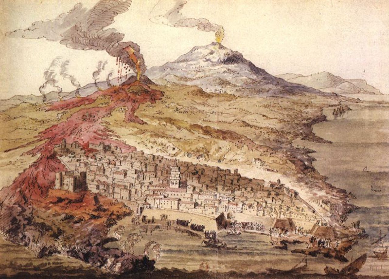 Een tekening van de uitbarsting van de Vesuvius.