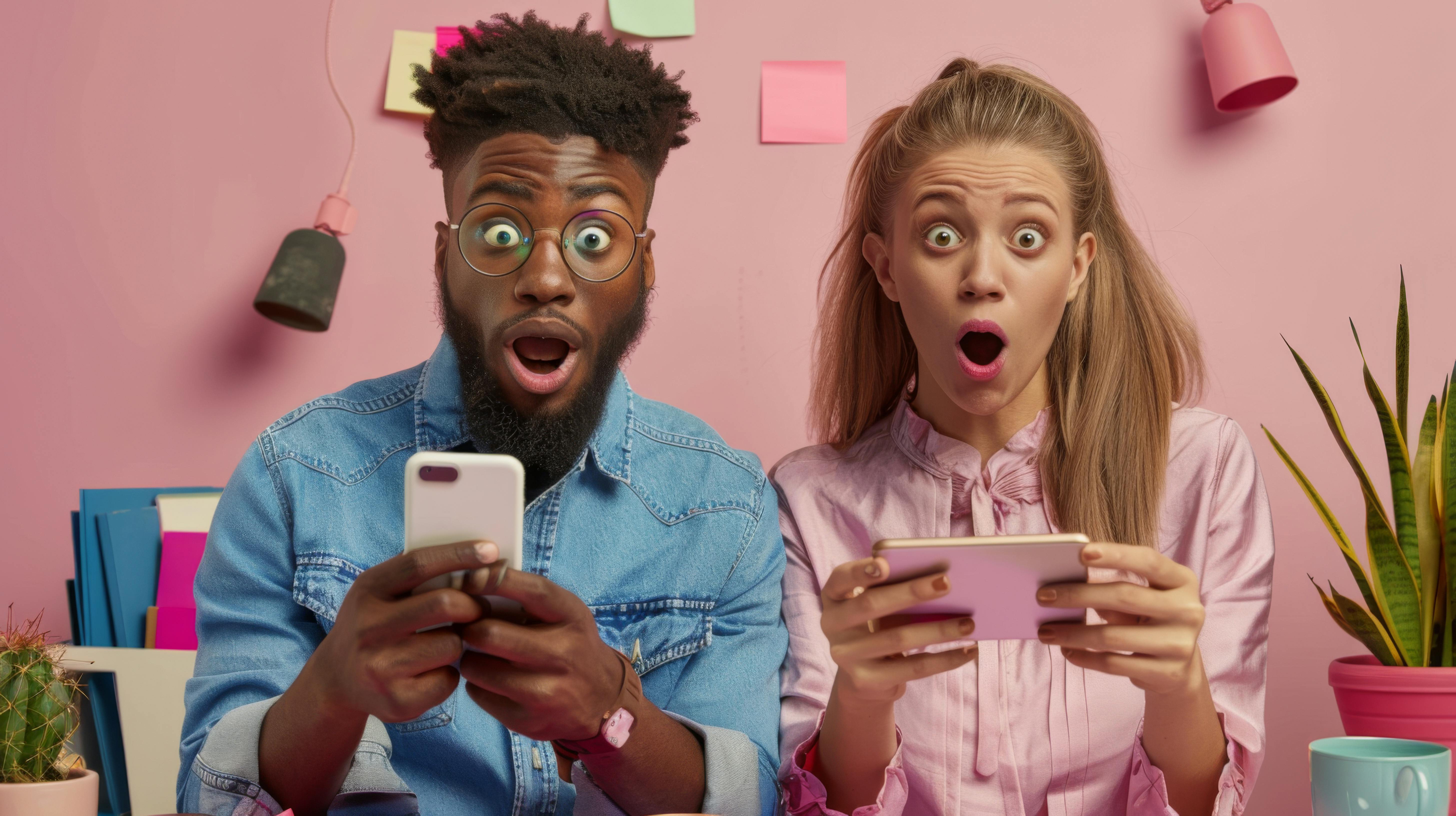 Jonge man en jonge vrouw kijken ontzet naar hun telefoon