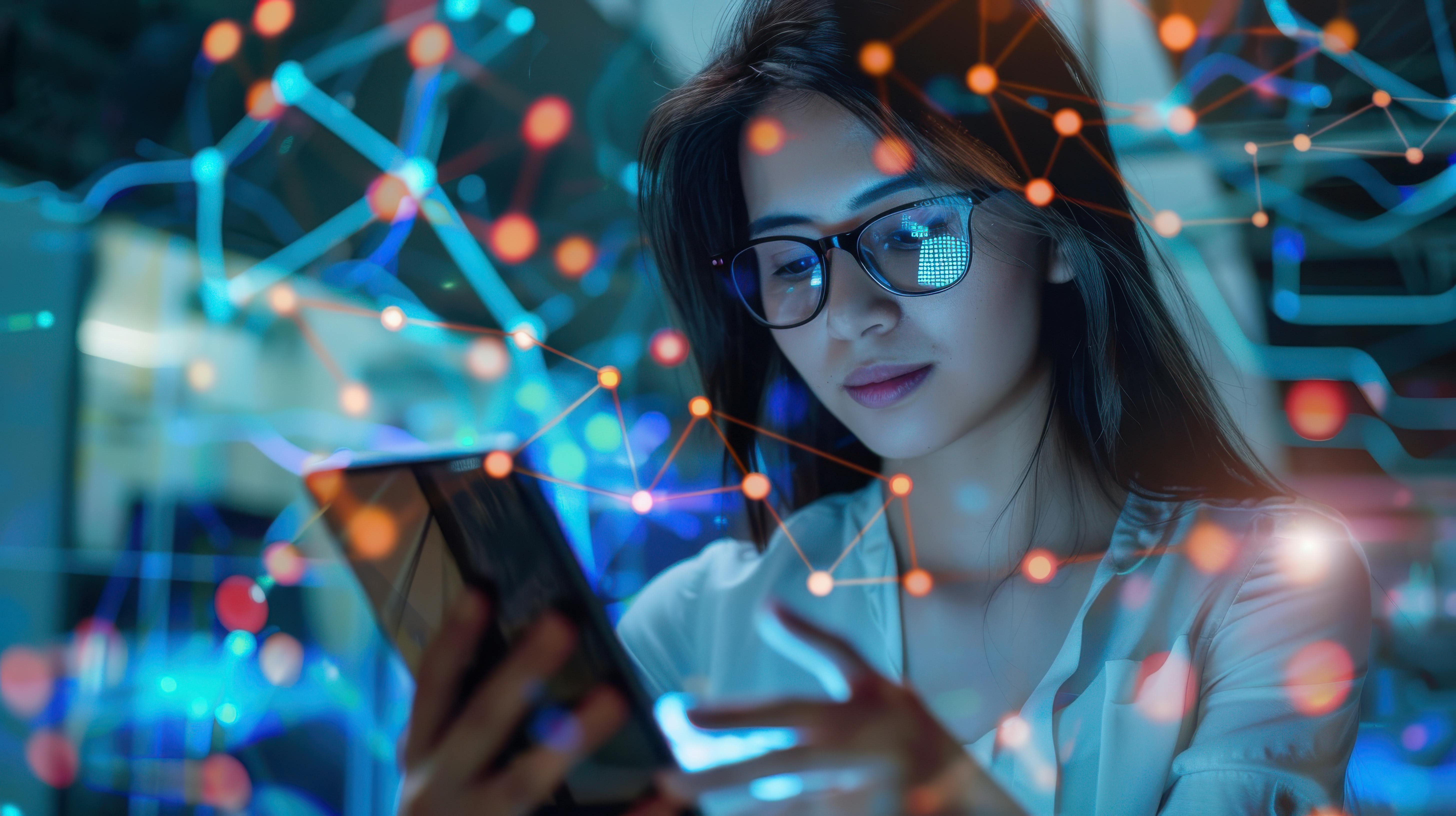 jonge vrouw met digitale teksten om zich heen en oplichtende bit kijkt naar telefoon