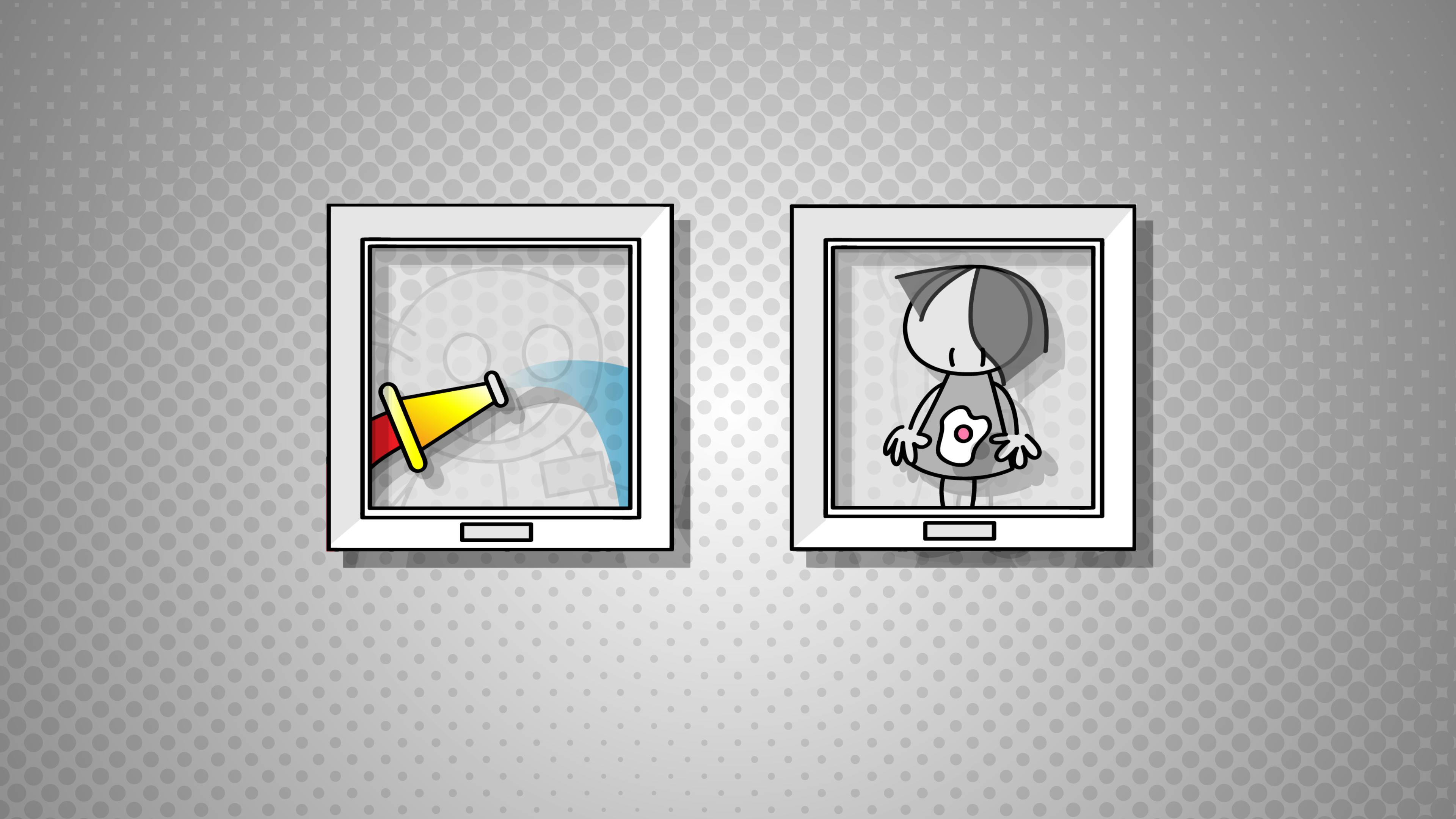 Een tekenfilmfiguur en een tuinslang in twee schilderijlijstjes weergegeven.