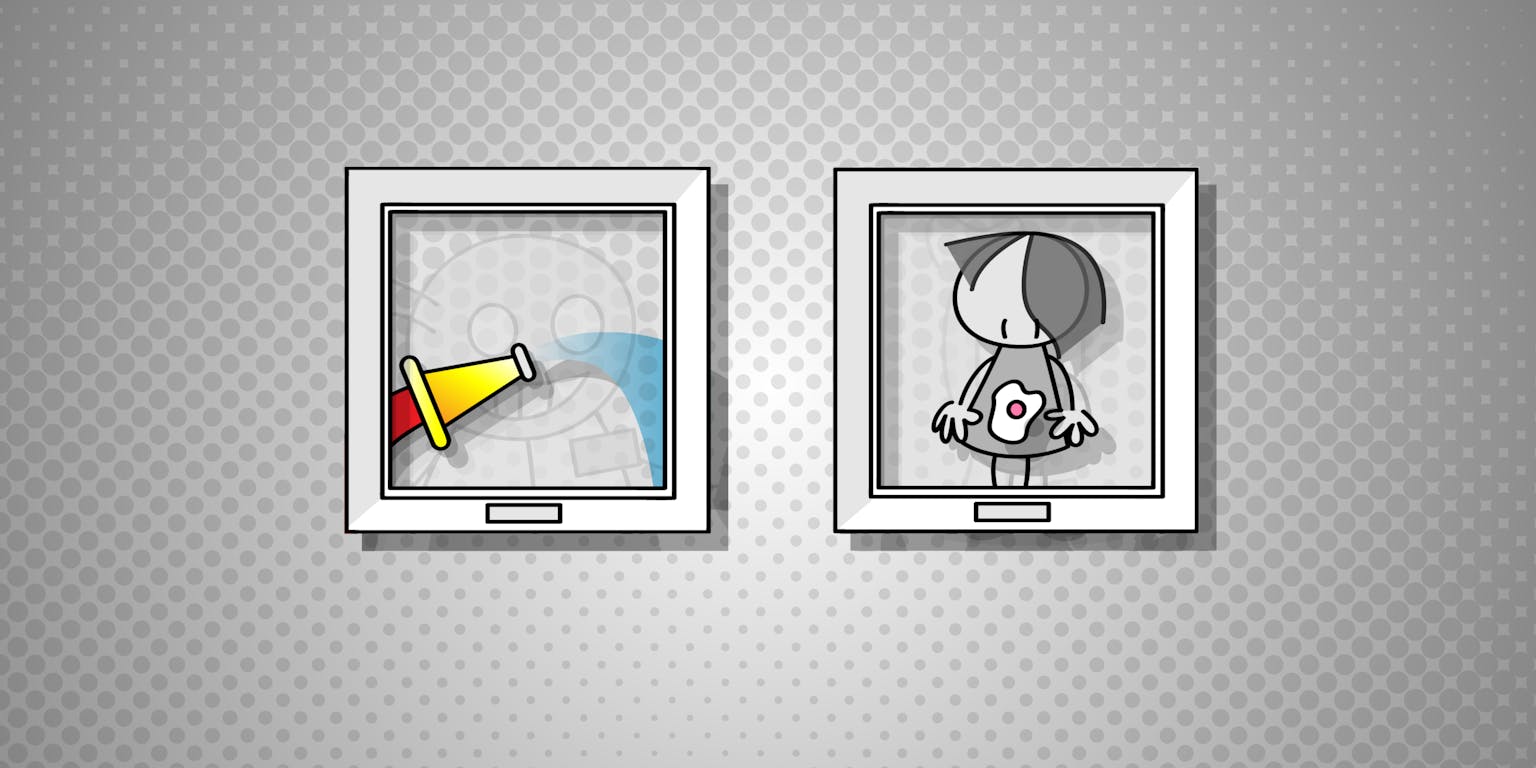 Een tekenfilmfiguur en een tuinslang in twee schilderijlijstjes weergegeven.