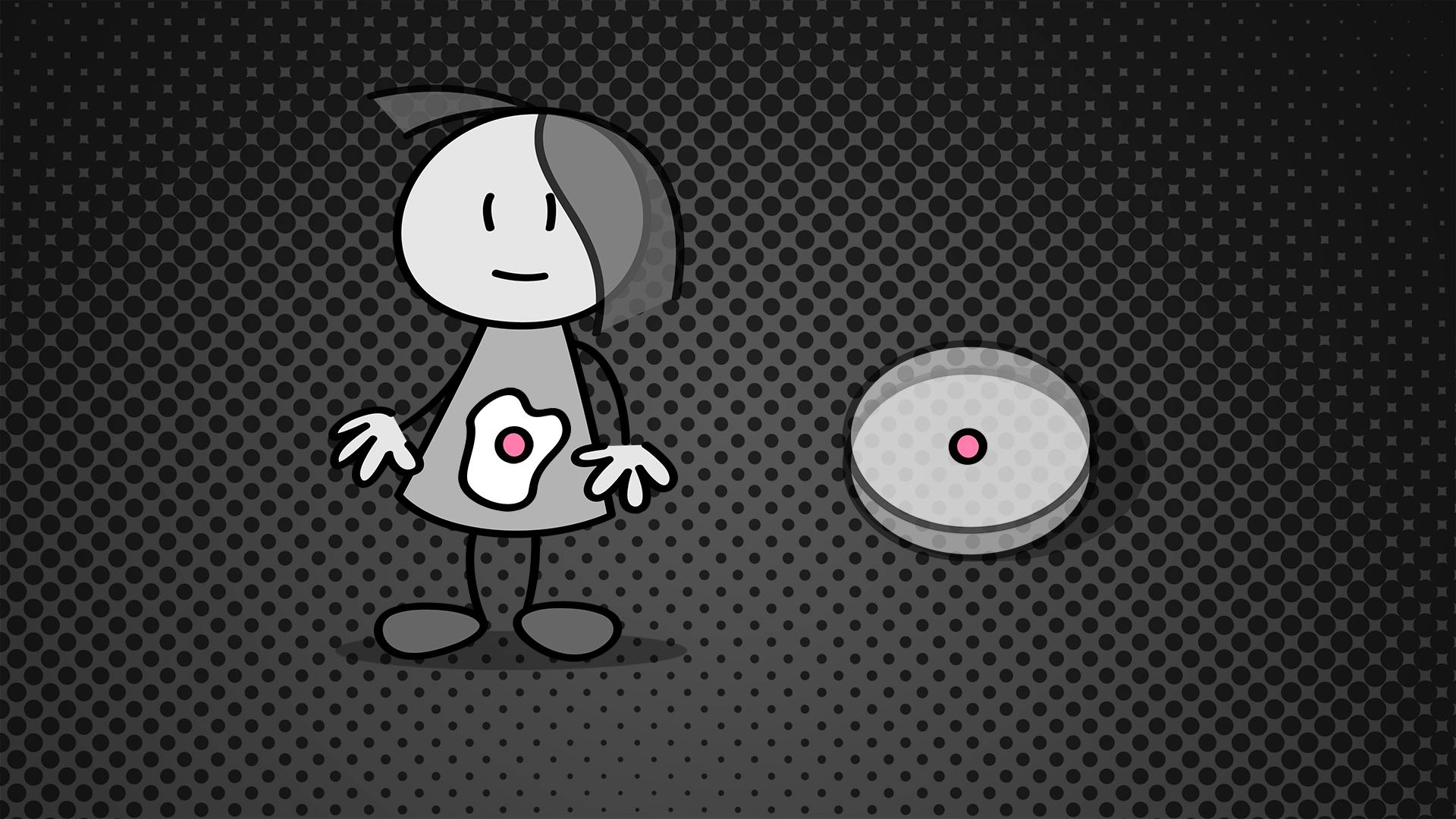 Een tekenfilmfiguur met een ei in haar buik. Daarnaast is een doosje met een roze stip afgebeeld.