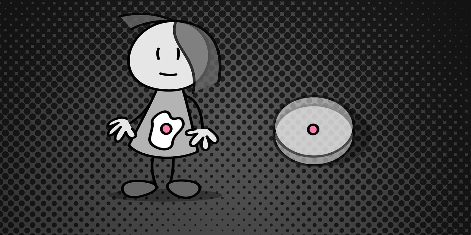 Een tekenfilmfiguur met een ei in haar buik. Daarnaast is een doosje met een roze stip afgebeeld.