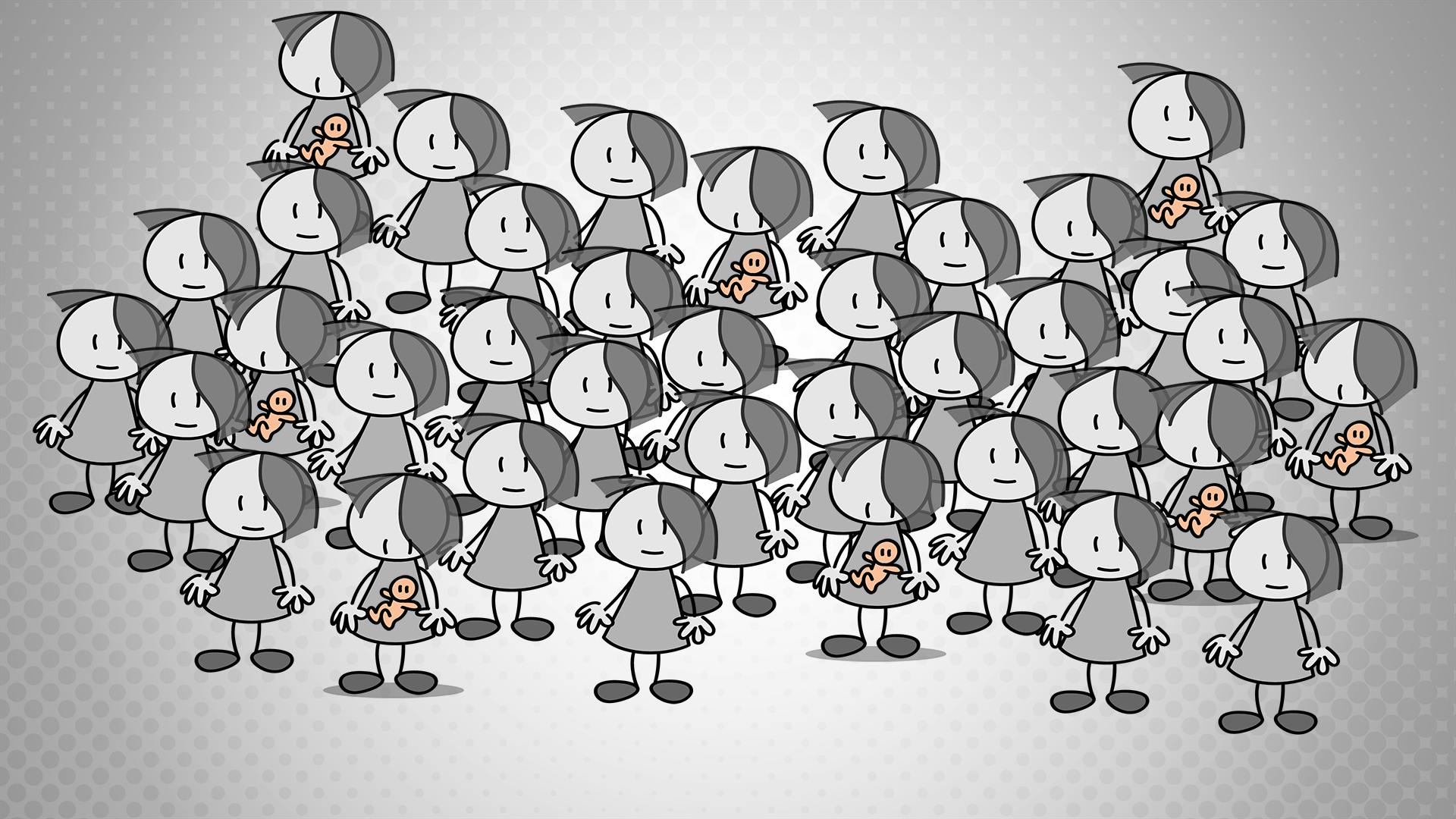 Een groep tekenfilmfiguren die in een menigte staan. Sommige figuren hebben een baby in de buik.