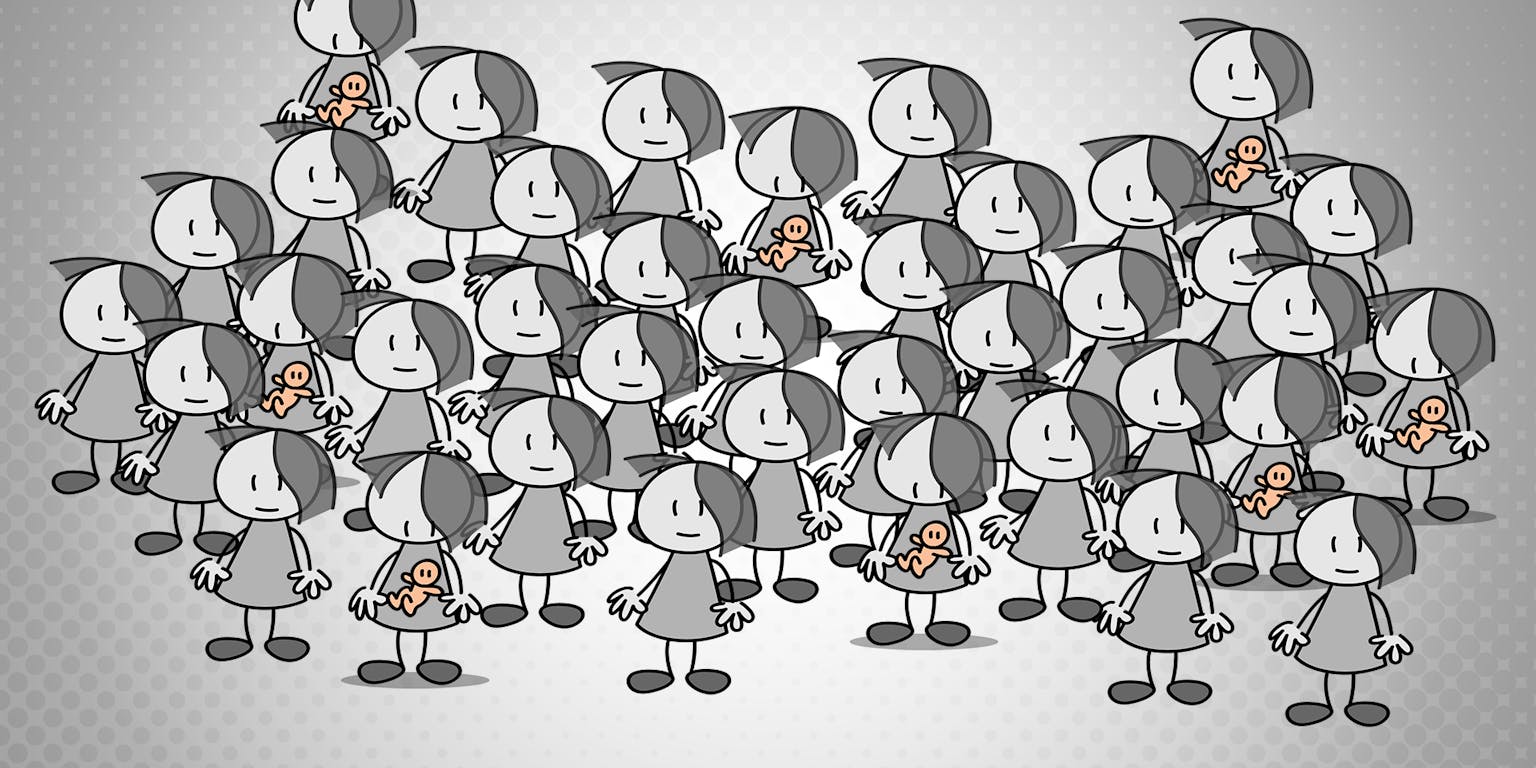 Een groep tekenfilmfiguren die in een menigte staan. Sommige figuren hebben een baby in de buik.
