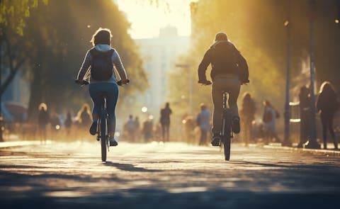 In de steden op planeet B is alles binnen 15 minuten lopen of fietsen bereikbaar. Een vrouw en een man, van achteren gezien, fietsen op straat. Op de achtergrond zijn veel mensen die lopen te zien.